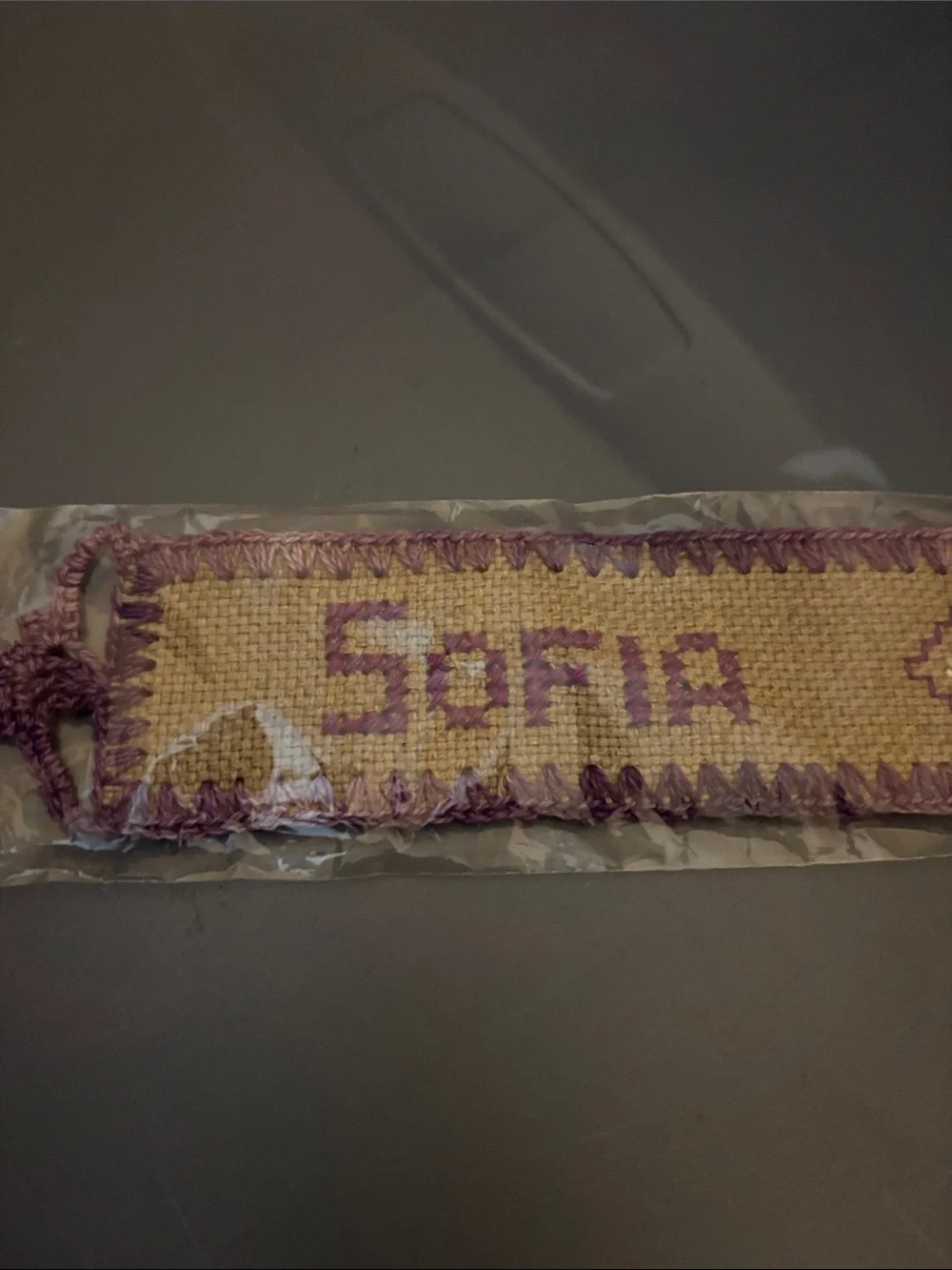 Handmade Embroidered Beige and Purple Bookmark